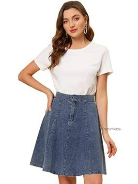 High Waist Stretch A-Line Denim Skirt Flared Pleated Casual Jean Skirt